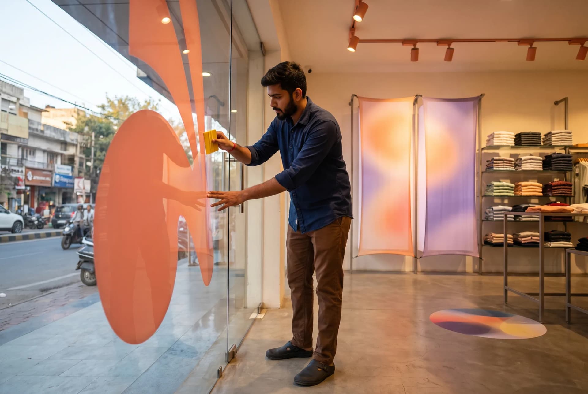 A retail team member applying a large self-adhesive graphic film to a shop window from inside the store