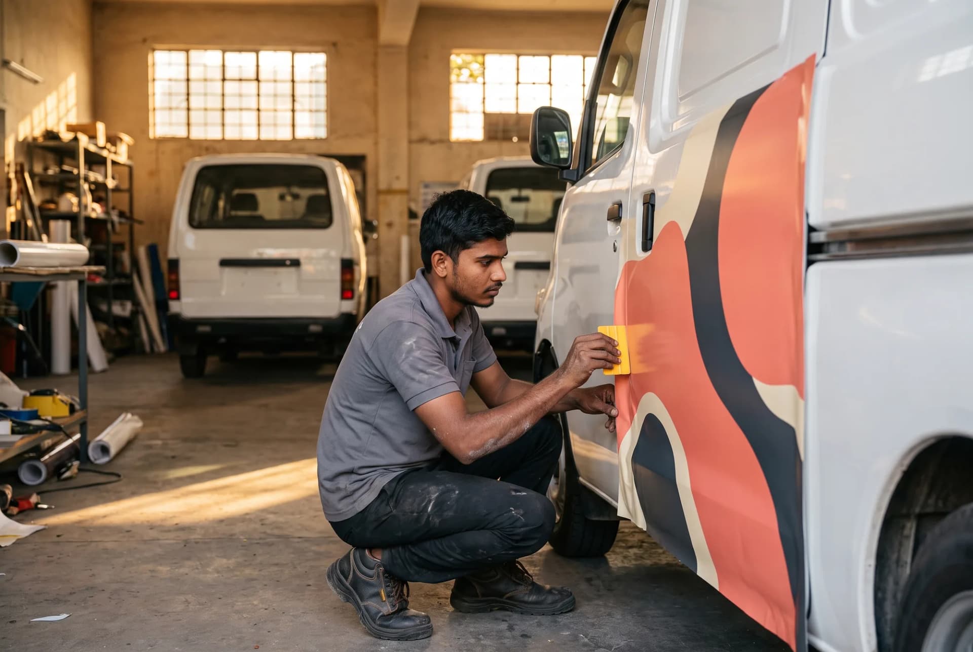 An installer squeegeeing a matte vinyl wrap onto a white delivery van in a workshop