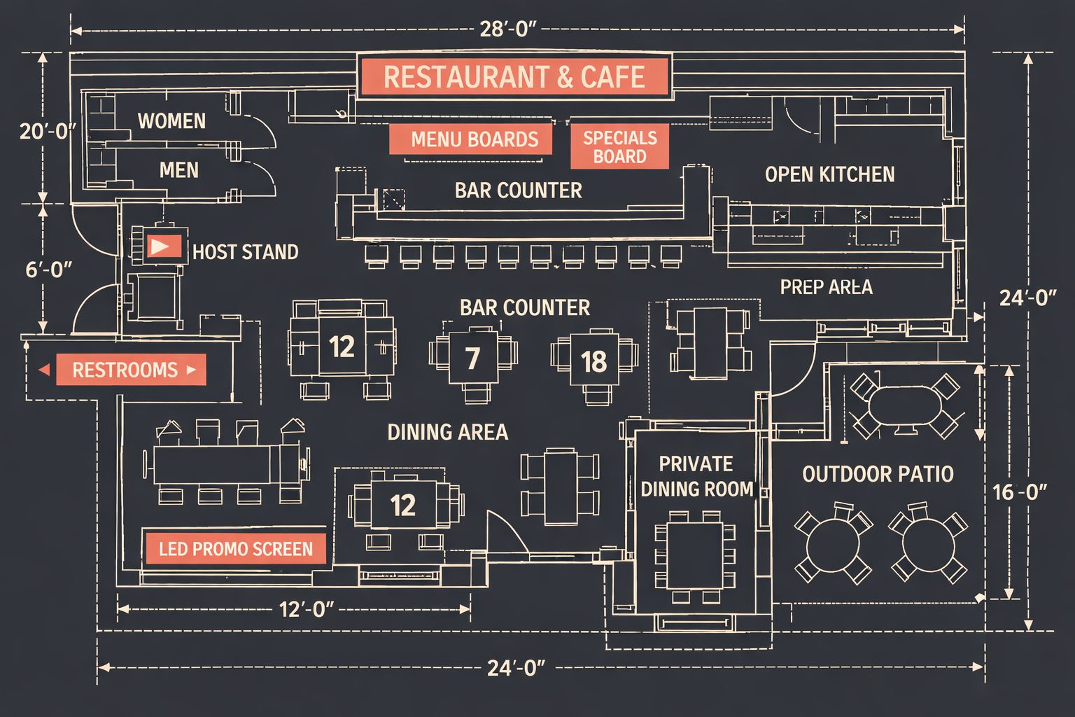 Blueprint-style illustration of a branded restaurant space with signage and wayfinding