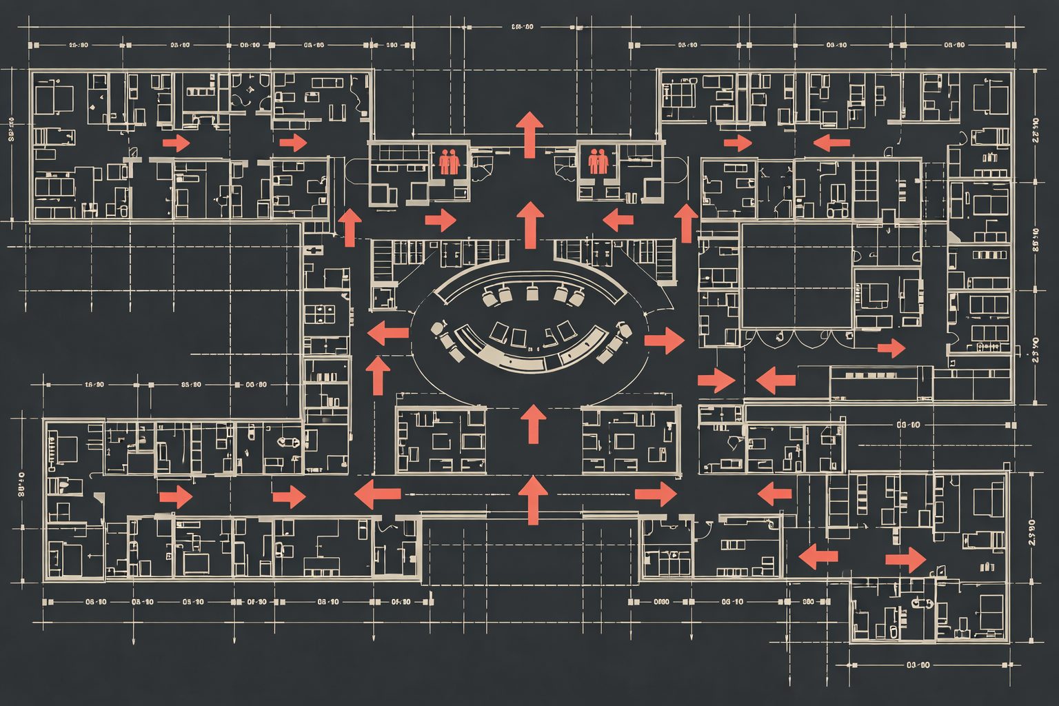 Blueprint-style illustration of a branded healthcare space with signage and wayfinding